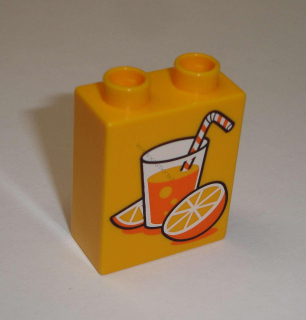 Lego Duplo D11660 (76371pb076) kostka 1x2x2 s potiskem (pomerančový džus) POUŽITÉ