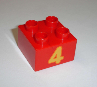 Lego Duplo D13055 (3437pb066) kostka 2x2 s potiskem (číslo "4") POUŽITÉ