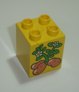 Lego Duplo D14008 (31110pb127) kostka 2x2x2 žlutá s potiskem (brambory s kvetoucí natí) POUŽITÉ