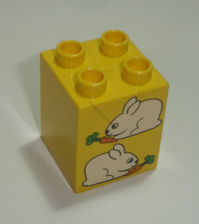 Lego Duplo D14009 (31110pb032) kostka 2x2x2 žlutá s potiskem (králíci s mrkví) POUŽITÉ