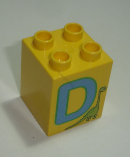 Lego Duplo D14043 (31110pb046) kostka 2x2x2 žlutá s potiskem (písmeno "D") POUŽITÉ