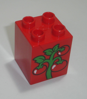 Lego Duplo D14104 (31110pb124) kostka 2x2x2 červená s potiskem (rajčata) POUŽITÉ