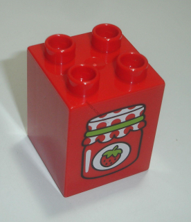 Lego Duplo D14106 (31110pb115) kostka 2x2x2 červená s potiskem (marmeláda, džem) POUŽITÉ