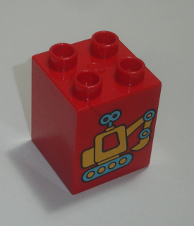 Lego Duplo D14110 (31110pb132) kostka 2x2x2 červená s potiskem (bagr) POUŽITÉ