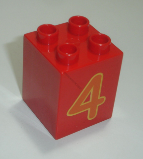 Lego Duplo D14151 (31110pb024) kostka 2x2x2 červená s potiskem (číslo "4") POUŽITÉ