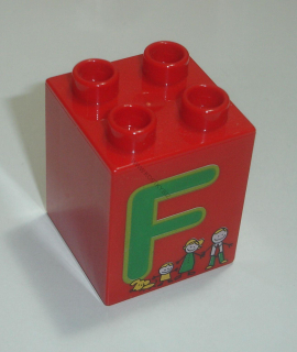 Lego Duplo D14160 (31110pb048) kostka 2x2x2 červená s potiskem (písmeno "F") POUŽITÉ
