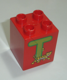 Lego Duplo D14161 (31110pb062) kostka 2x2x2 červená s potiskem (písmeno "T") POUŽITÉ