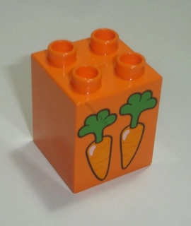 Lego Duplo D14250 (31110pb116) kostka 2x2x2 oranžová s potiskem (mrkev) POUŽITÉ