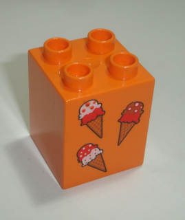 Lego Duplo D14254 (31110pb033) kostka 2x2x2 oranžová s potiskem (zmrzlina) POUŽITÉ