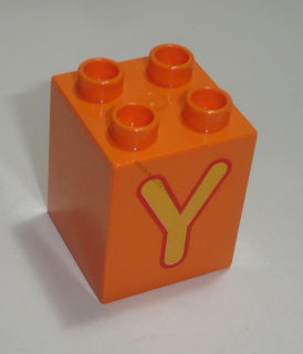 Lego Duplo D14271 (31110pb067) kostka 2x2x2 oranžová s potiskem (písmeno "Y") POUŽITÉ