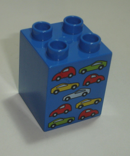 Lego Duplo D14280 (31110pb039) kostka 2x2x2 modrá s potiskem (autíčka) POUŽITÉ
