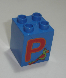 Lego Duplo D14312 (31110pb058) kostka 2x2x2 modrá s potiskem (písmeno "P") POUŽITÉ