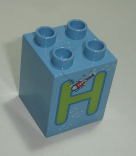 Lego Duplo D14322 (31110pb050) kostka 2x2x2 med. modrá s potiskem (písmeno "H") POUŽITÉ