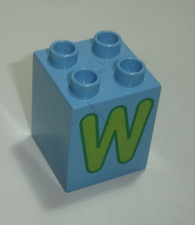 Lego Duplo D14324 (31110pb065) kostka 2x2x2 med. modrá s potiskem (písmeno "W") POUŽITÉ