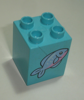Lego Duplo D14341 (31110pb110) kostka 2x2x2 med. azurová s potiskem (ryba) POUŽITÉ