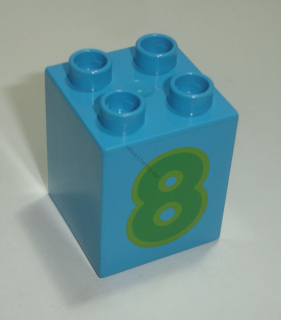Lego Duplo D14361 (31110pb080) kostka 2x2x2 tm. azurová s potiskem (číslo "8") POUŽITÉ