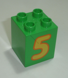 Lego Duplo D14381 (31110pb077) kostka 2x2x2 sv. zelená s potiskem (číslo "5") POUŽITÉ