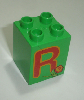 Lego Duplo D14385 (31110pb060) kostka 2x2x2 sv. zelená s potiskem (písmeno "R") POUŽITÉ