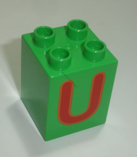 Lego Duplo D14386 (31110pb063) kostka 2x2x2 sv. zelená s potiskem (písmeno "U") POUŽITÉ