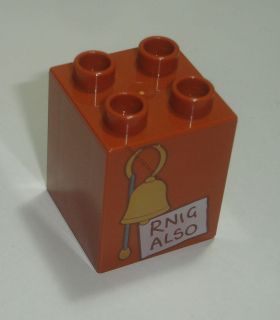 Lego Duplo D14420 (31110pb069) kostka 2x2x2 tm. oranžová s potiskem (zvonek) POUŽITÉ