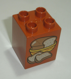 Lego Duplo D14422 (31110pb113) kostka 2x2x2 tm. oranžová s potiskem (chleba) POUŽITÉ