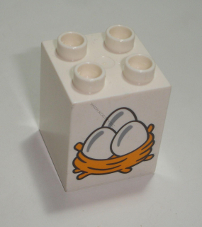 Lego Duplo D14441 (31110pb094) kostka 2x2x2 bílá s potiskem (3 vejce v hnízdě) POUŽITÉ